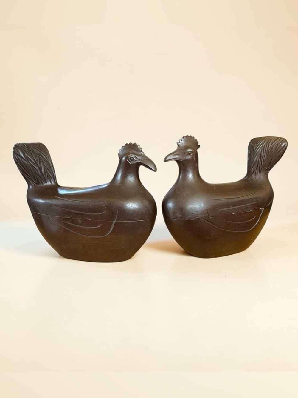 Pair of hand carved wooden chicken boxes, vintage 1970’s